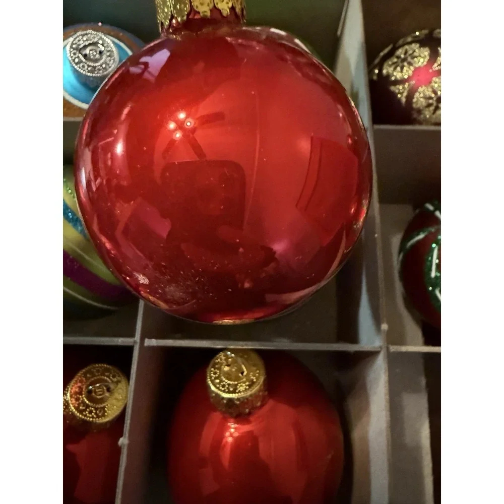 VTG 17 Christmas Ornaments Lot Glitter Stripes Red Green Gold HO‎ HOGlass Decor